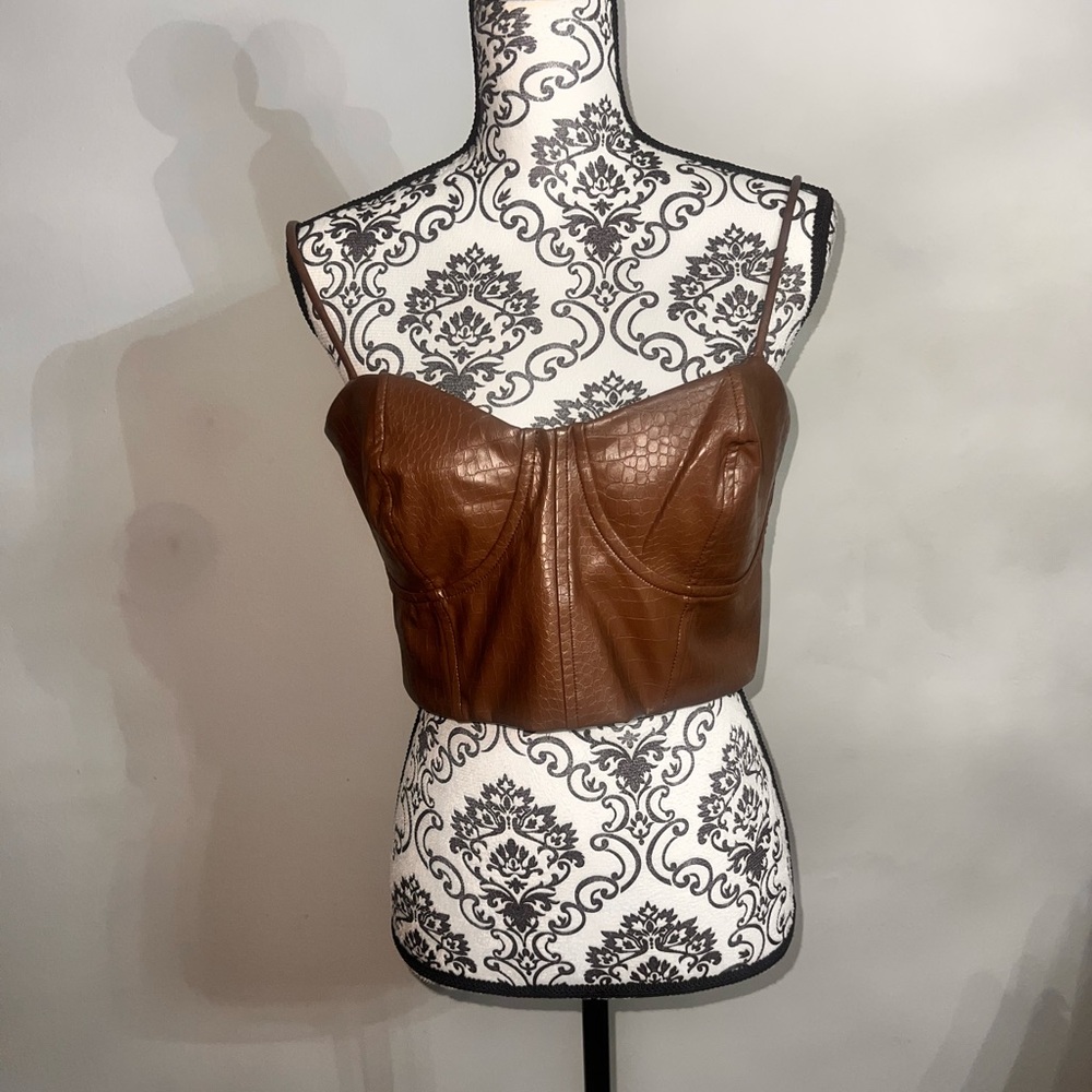 Brown Croc-Embossed Faux Leather Bustier Top